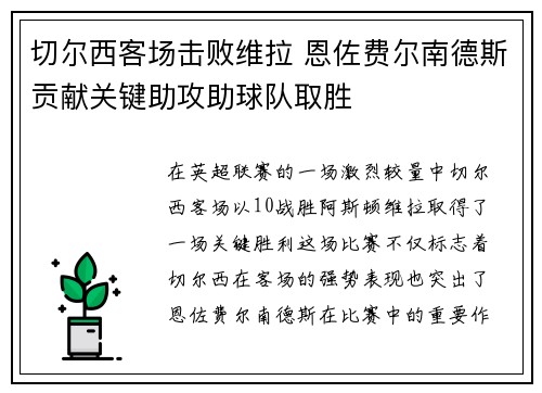 切尔西客场击败维拉 恩佐费尔南德斯贡献关键助攻助球队取胜